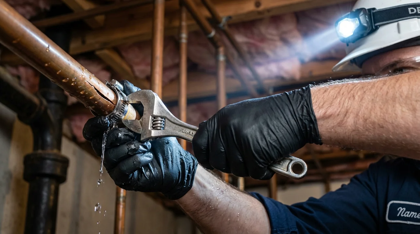 Emergency pipe clamp repair being performed by a Johns Plumbing LLC plumber in Sacramento