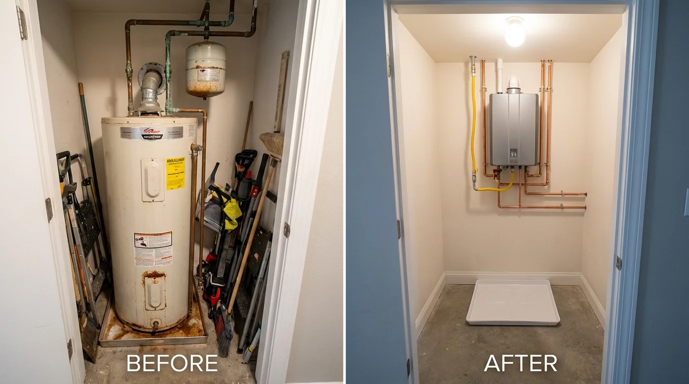 Tank water heater versus wall-mounted tankless unit comparison for Sacramento, CA homeowners