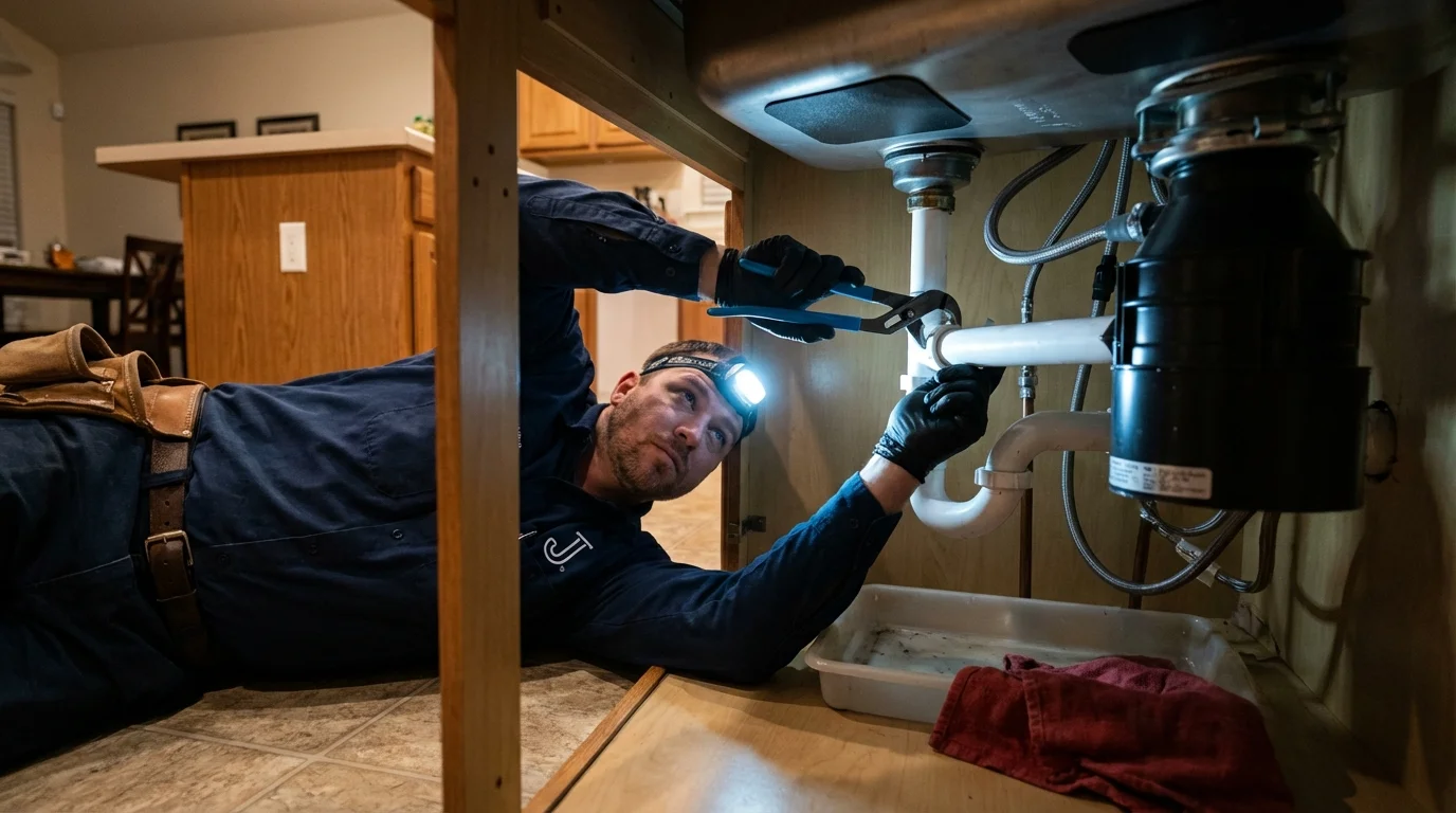 P-trap and supply line connections under a kitchen sink showing a common leak point in Sacramento, CA